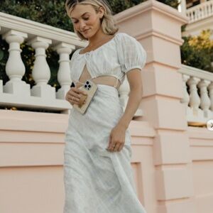 SABO Powder Blue Floral Strappy Open Waist Puff Sleeve Midi Dress Size 2